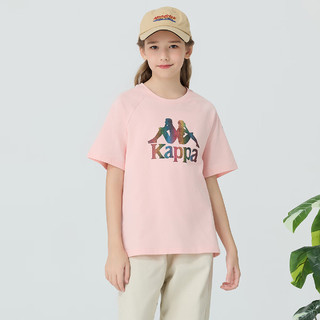 Kappa Kids卡帕儿童纯棉短袖T恤夏简约印花休闲上衣百搭男女童浅粉色130