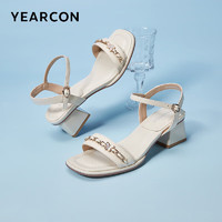 YEARCON 意尔康 女鞋简约低跟时装鞋透气一字带舒适凉鞋29417W 米白 38