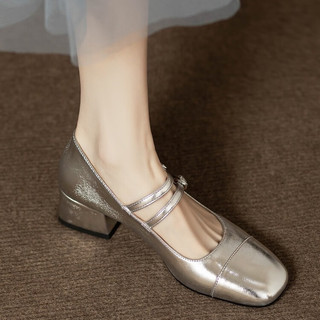 COCOWMWM法式复古银色单鞋女粗跟2024春秋方头浅口一字带扣玛丽珍鞋 银色 37