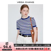 VEGA CHANG毛针织衫女2024年夏季缕空针织蓝白条纹圆领上衣 蓝白条纹 S