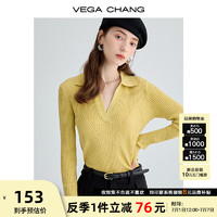 VEGA CHANG长袖针织衫女2024年春装休闲时尚polo领打底衫上衣 麦芽黄 均码