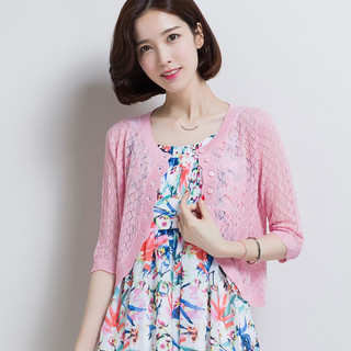 歌米拉 针织开衫女夏季冰丝镂空短款披肩外搭短袖薄款外套空调衫 粉色617 XL