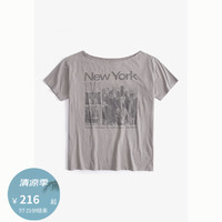 HOLLISTER24夏季美式辣妹印花露肩斜肩船领T恤女KI357-3275 灰褐色 M (165/92A)