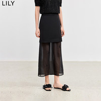 丽丽 LILY2024夏新款别致设计感拼接复古黑色网纱小亮片显瘦直筒半身裙 510黑色