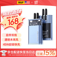 W&P【美国】20000毫安时自带线45W双向超级快充移动电源大容量数显便携适用苹果华为wp 【深蓝色】透明双线|45W双向超级快充