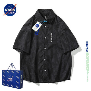 NASA LIKE潮牌衬衫夏季冰丝短袖男女日系宽松休闲衬衣百搭青少年上衣 NASA联名-黑色 5XL（180-210斤）