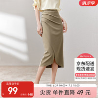 尚都比拉中长款半身裙春秋百搭显瘦褶皱开叉包臀职业裙子 深卡其色 S 