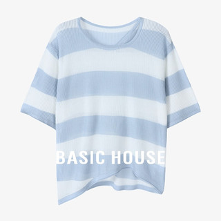 百家好（Basic House）莱赛尔夏季撞色条纹休闲宽松圆领短袖针织衫女 白蓝 S