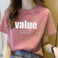 奢娣魅俪 纯棉短袖t恤女2023夏季女装新款韩版宽松体恤衫休闲半袖打底衫 粉色 value（白） XL 115-130斤
