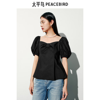 PEACEBIRD 太平鸟 泡泡袖蝴蝶结上衣女短袖法式夏装一字肩短款