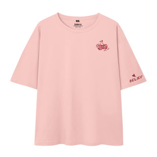 班尼路短袖t恤女2024夏季重磅纯棉正肩粉色多巴胺穿搭上衣女 粉-红色樱桃+红色樱桃左袖 2XL