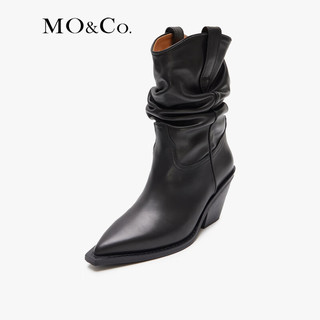 MO&Co.2024秋复古西部风捏褶牛皮革尖头中跟短靴MBD3SHS003 黑色 39