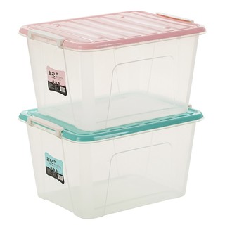 CHAHUA 茶花 透明磨砂收纳箱无滑轮整理箱有盖储物盒塑料衣服1蓝1粉  透明收纳箱
