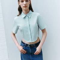 URBAN REVIVO 女士都市休闲撞色条纹短袖开襟衬衫 UWU240065 蓝色 XL