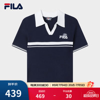 FILA 斐乐女子织衫2024夏季时尚休闲撞色翻领短袖上衣 椋鸟蓝-DB 175/92A/XL