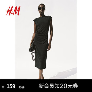 H&M女装2024夏季一字领修身纯色盖袖中长裙连衣裙1239334 黑色 155/80