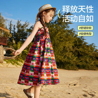 ASK JUNIOR女童连衣裙夏装时尚花型格纹宽松透气儿童吊带裙 深粉色 120cm 
