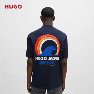 HUGO24夏季冲浪风艺术图案装饰棉质平纹针织短袖T恤 深蓝色 EU:XS