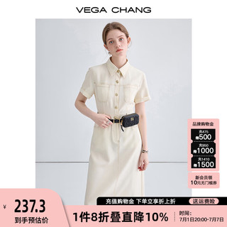 VEGA CHANG法式连衣裙女2024年夏通勤时尚气质高级感收腰显瘦短袖长裙子 香草杏 L