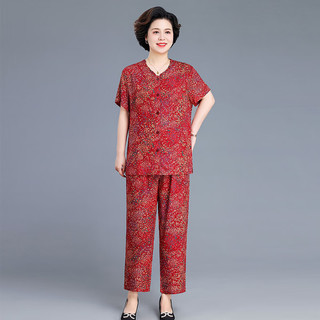 珂源羊老年人女夏装短袖T恤裤子两件套 红色 4XL(140-150斤左右) 