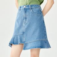时尚荷叶边牛仔裙女2024夏季百搭丹宁风显瘦短裙鱼尾裙子