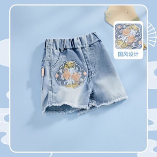 Disney 迪士尼 童装女童牛仔短裤2024夏季新款洋气儿童国风新中式裤子