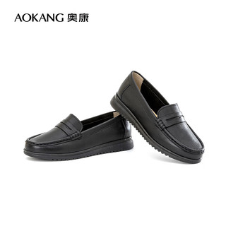 奥康（Aokang）通勤懒人一脚蹬单鞋舒适包子鞋皮鞋1234321026黑色38码