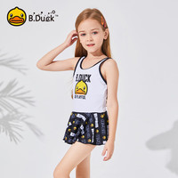 B.DUCK小黄鸭儿童泳衣连体女孩男孩快干长袖短裤中大童游泳衣 黑色0370 130