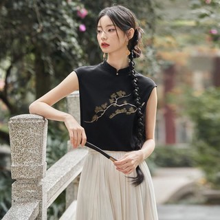 新中式国风正肩T恤女2024夏季刺绣修身清高级感背心马甲衬衫
