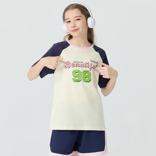 Kappa Kids卡帕女童圆领短袖T恤夏插肩袖运动休闲半截袖上衣米黄色170