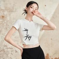 WESTLINK 西遇 新中式国风绑带竹叶刺绣T恤短袖女2024夏季正肩修身短款T恤