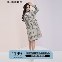 sdeer圣迪奥春季女装时尚百搭通勤格纹翻领气质双排扣格子带腰带中长款风衣S20181801 米白/48 S/160