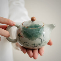 兮元记哥窑纯手绘茶壶西施壶大容量陶瓷泡茶壶家用单壶功夫茶具套装 哥窑手绘戏荷西施壶【简装】