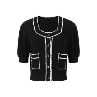 MOISSAC/摩萨克 夏精致圆领短袖短款休闲针织衫开衫上衣女 素黑 M