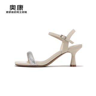 奥康（Aokang）仙女风凉鞋高跟鞋细跟显瘦一字带方头女凉米白36码