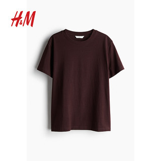 H&M女装2024夏季T恤简约纯棉休闲圆领短袖上衣内搭0963662 酒红色 155/80