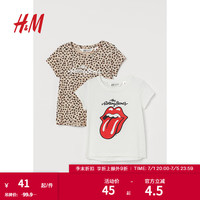 H&M童装女童T恤2件装夏季纯棉字母印花短袖豹纹时髦上衣0941309 白色/The Rolling Stones 110/56