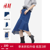 H&M女装半身裙春季别致设计不对称下摆修身牛仔裙1207369 牛仔蓝 165/76