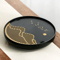 金镶玉 茶盘茶托 黄铜盘面陶瓷底托蓄水式排水式茶台功夫茶具配件31*31*6.2cm 旭日东升黄铜圆茶盘