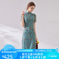 經典故事(JANE STORY)新中式改良旗袍日常可穿女高端立领蕾丝连衣裙高级感 蓝绿橙花 L