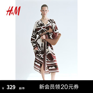 H&M2024夏季女士腰部系带卡夫坦连衣裙1230691 棕色/图案 155/80