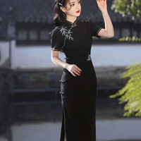 杜艳枝2024春夏 针织提花刺绣竹子中长款旗袍新中式高端气质女旗袍 黑色 3XL 130-140斤