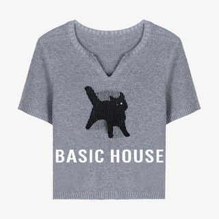 百家好（Basic House）莱赛尔夏日休闲撞色百搭V领短袖猫咪针织衫女 灰色 S