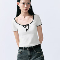 URBAN REVIVO 女士甜美气质撞色系结修身短袖T恤 UWV440236