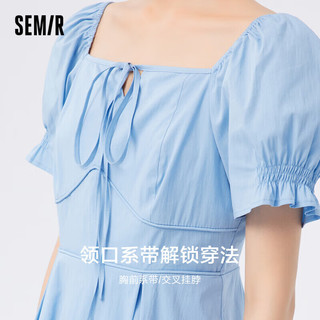 森马（Semir）连衣裙女纯色质感百搭季时尚方领短裙女士优雅107423114030 灰蓝80200 L