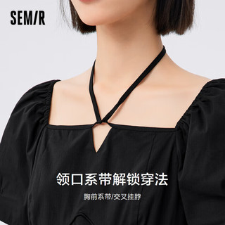 森马（Semir）连衣裙女纯色质感百搭季时尚方领短裙女士优雅107423114030 黑色90001 L