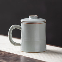 金镶玉汝窑竹节办公杯可养开片带过滤泡茶杯茶水分离个人杯礼盒装 天青汝窑竹节挚友杯