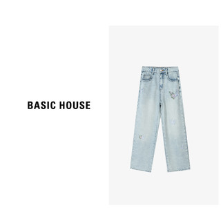 Basic House/百家好夏季复古宽松蝴蝶卡通高腰直筒长裤女夏季薄款 牛仔兰 S90-105斤