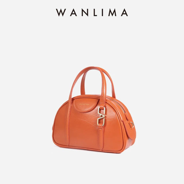 万里马（wanlima）2024春季牛皮女包保龄球包时尚潮流撞色波士顿手提单肩女包 蜜桃橙 60