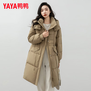 鸭鸭（YAYA）羽绒服2024冬季女中长款连帽简约百搭显瘦收腰保暖外套XH 卡绿色 155/80A(S)